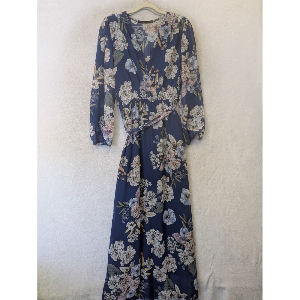 Fraiche by‎ J Maxi Dress Women's S Blue Floral Faux Wrap V-Neck Chiffon